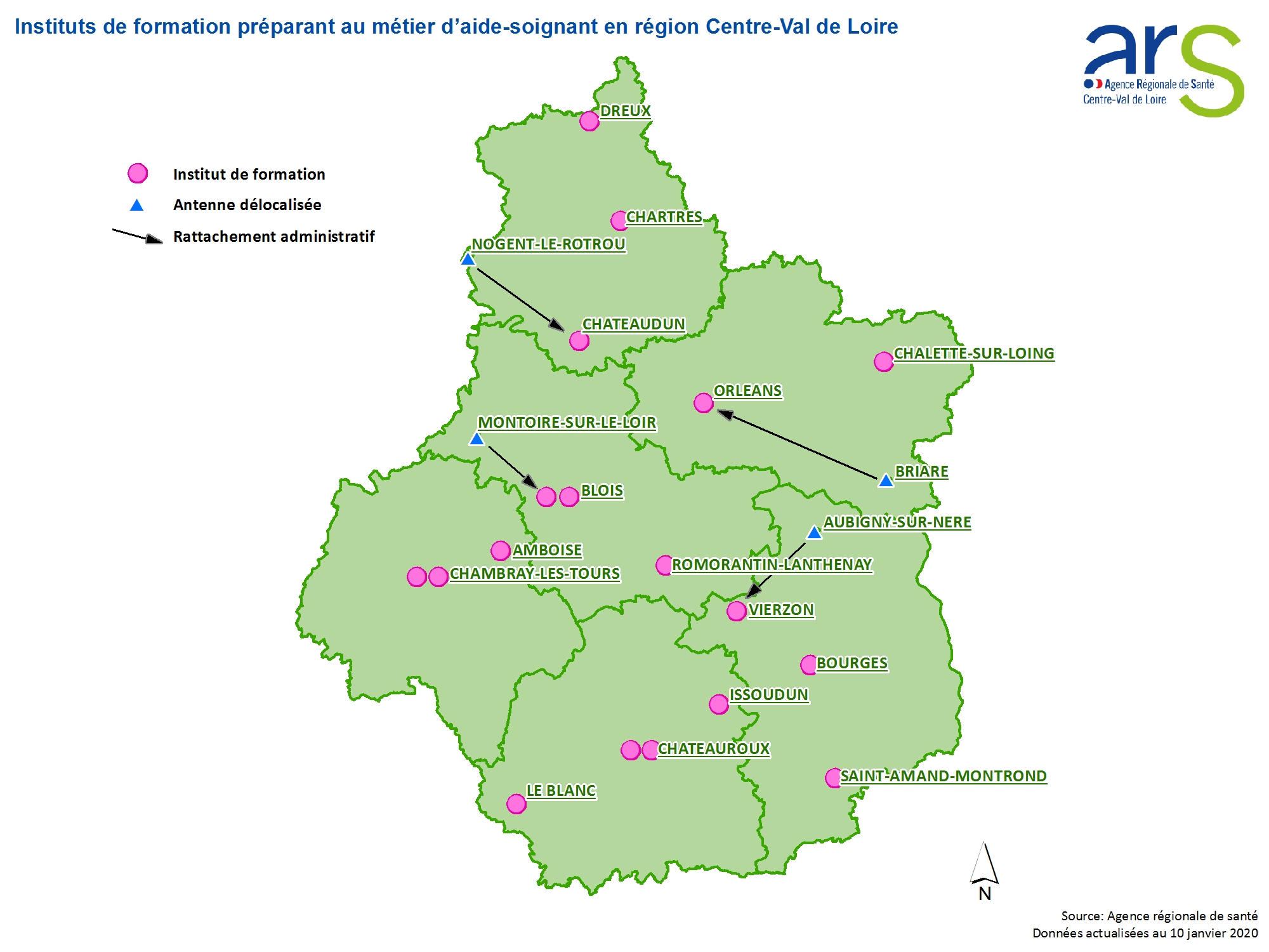 Répartition des instituts de formation d'aide-soignant sur la région Centre-Val de Loire