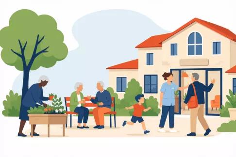 L'image représente une scène de vie urbaine, à laquelle participent des personnes âgées.
