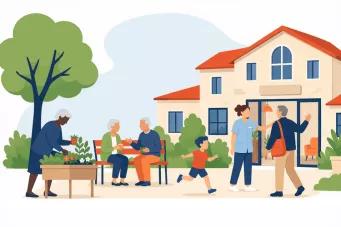 L'image représente une scène de vie urbaine, à laquelle participent des personnes âgées.
