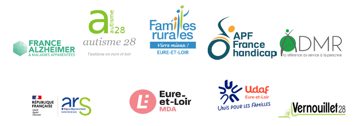 Logos des partenaires du salon : France Alzheimer, AUtisme 28, Familles rurales, APF, ADMR, ARS Centre-Val de Loire, MDA d'Eure-et-Loir, Udaf et la ville de Vernouillet