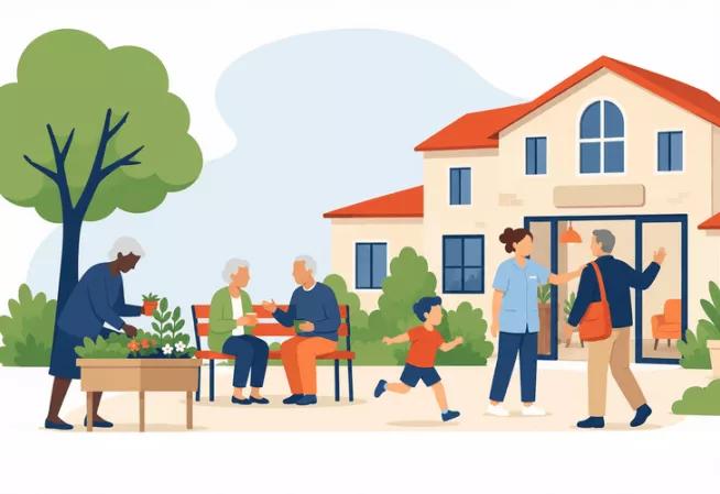L'image représente une scène de vie urbaine, à laquelle participent des personnes âgées.