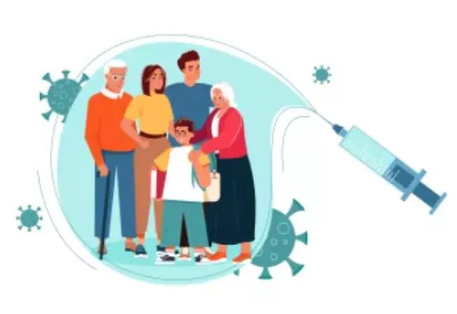 image d'une famille (avec grand-père, grand-mère, parents et enfant) et d'un piqûre pour campagne vaccin grippe-covid